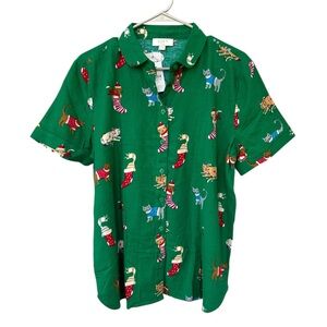 NWT The LOFT Cat Kittens Christmas Pajama Top - Size Medium - Green